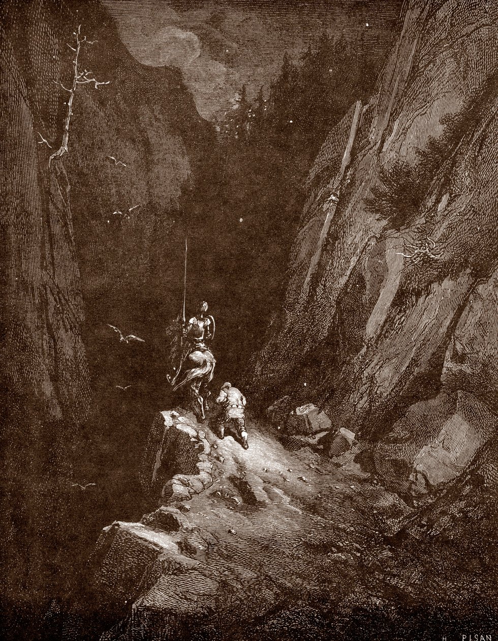 Don Quichot en Sancho Panza in het hart van de Sierra Morena Gravure door Gustave Doré voor 