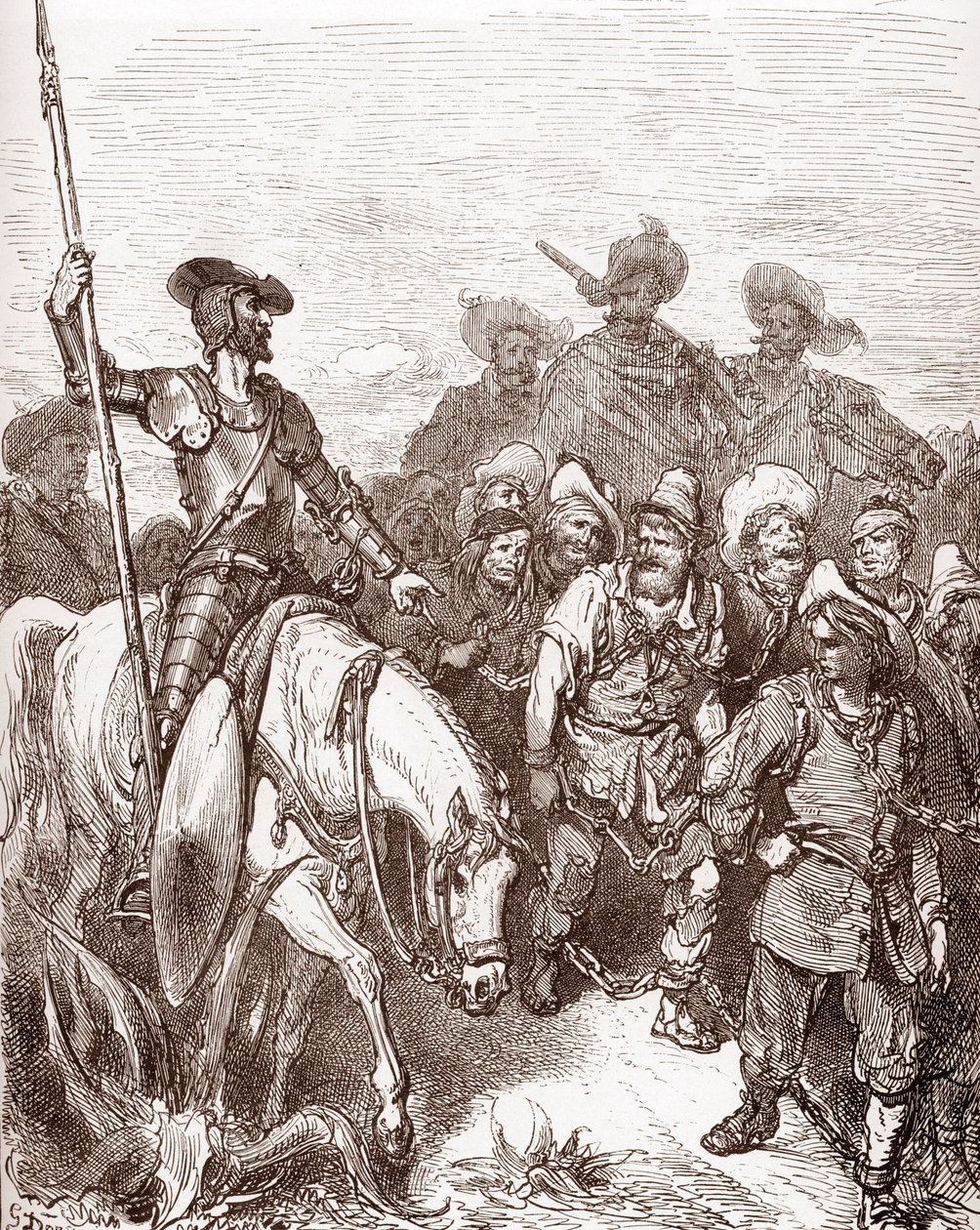 Don Quichot en Sancho Panza ondervragen de criminelen die naar de galeien worden geleid. Gravure door Gustave Doré voor 