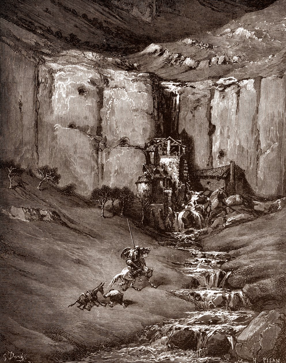 Don Quichot en Sancho Panza zien een waterval en lawaaierige hutten Gravure door Gustave Doré voor 