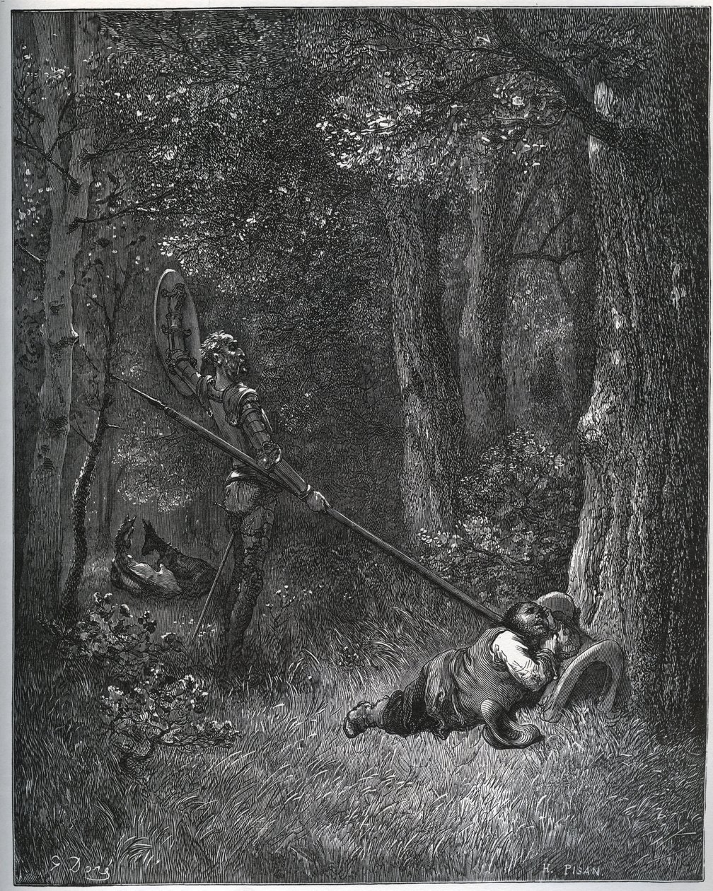 Don Quichot wekt Sancho Panza - uit "Don Quichot van La Mancha" van Miguel Cervantes door Gustave Dore