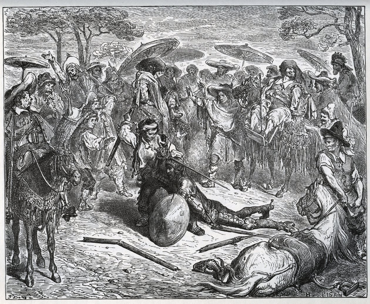 Don Quichot verslagen in het midden van een groep kooplieden - De muilezelmaker had de smaak van het spel te pakken - uit "Don Quichot van La Mancha" van Miguel Cervantes door Gustave Dore