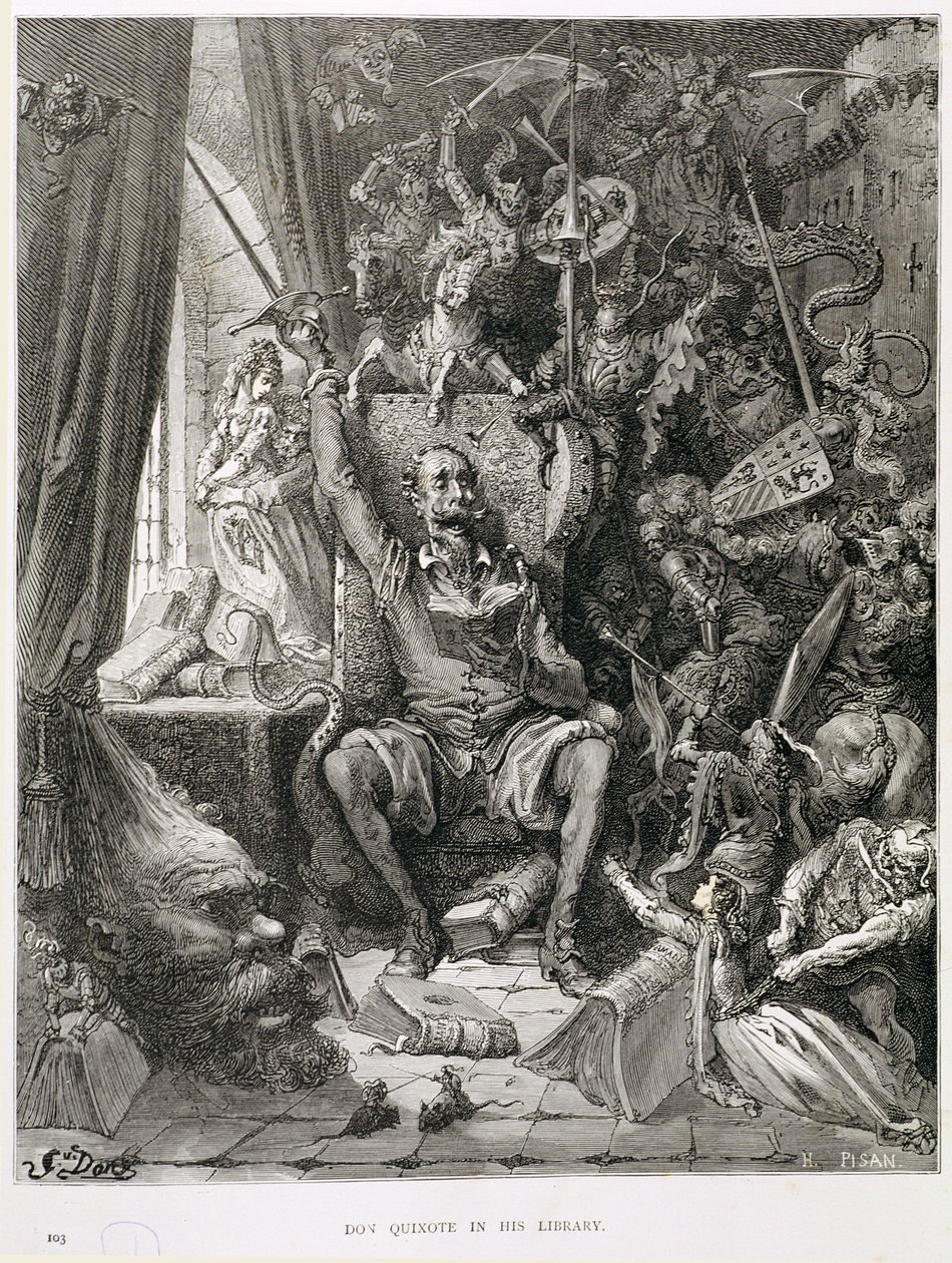 Don Quichot in zijn Bibliotheek, gegraveerd door Heliodore Joseph Pisan (1822-90) c.1868 door Gustave Dore