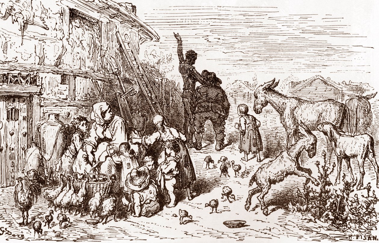 Don Quichot overtuigt zijn buurman Sancho Panza om zijn schildknaap te worden Gravure door Gustave Dore voor 