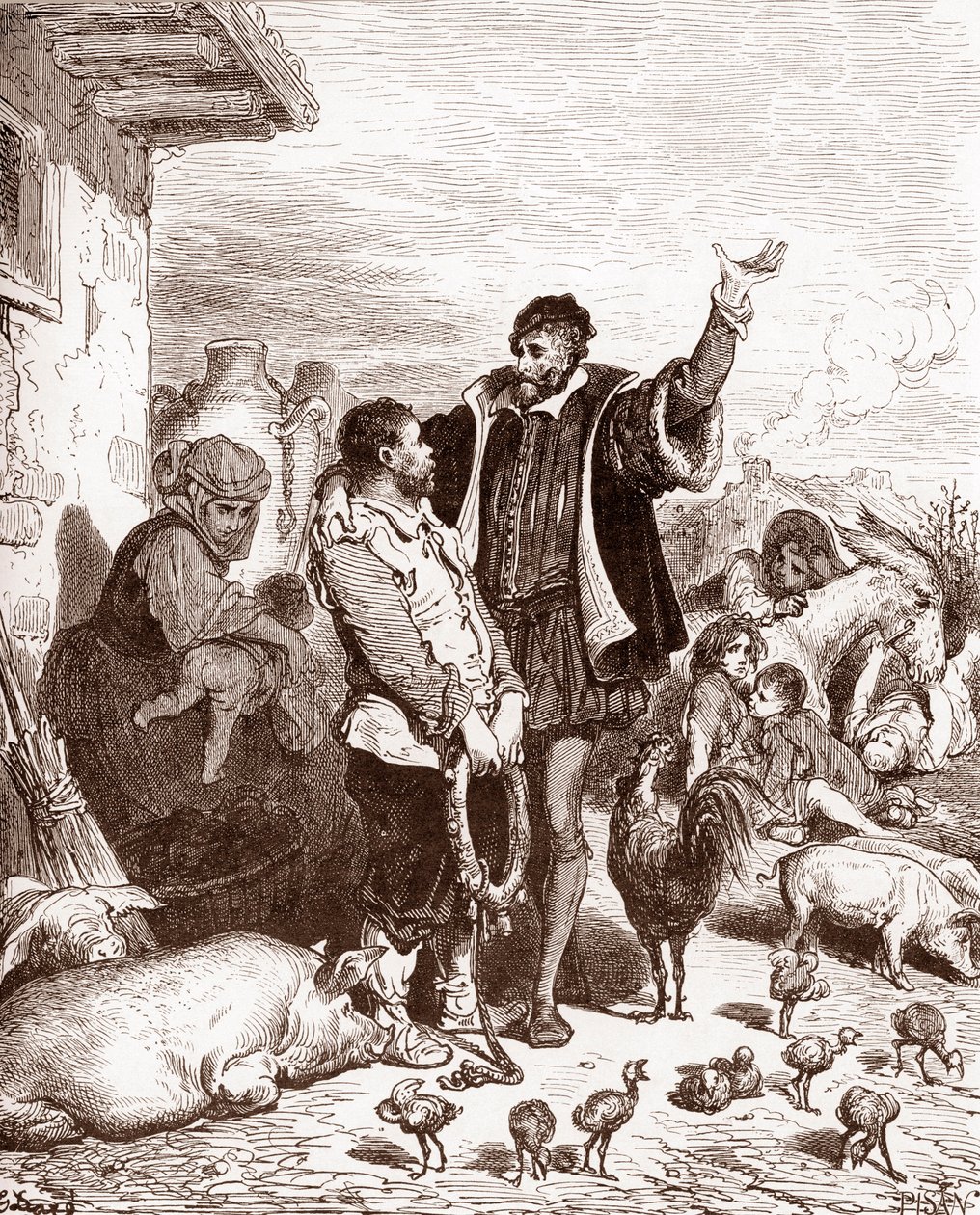 Don Quichot overtuigt zijn buurman Sancho Panza om zijn schildknaap te worden door hem te beloven hem gouverneur te maken van een veroverd eiland. Gravure door Gustave Doré (1832-1883) voor 