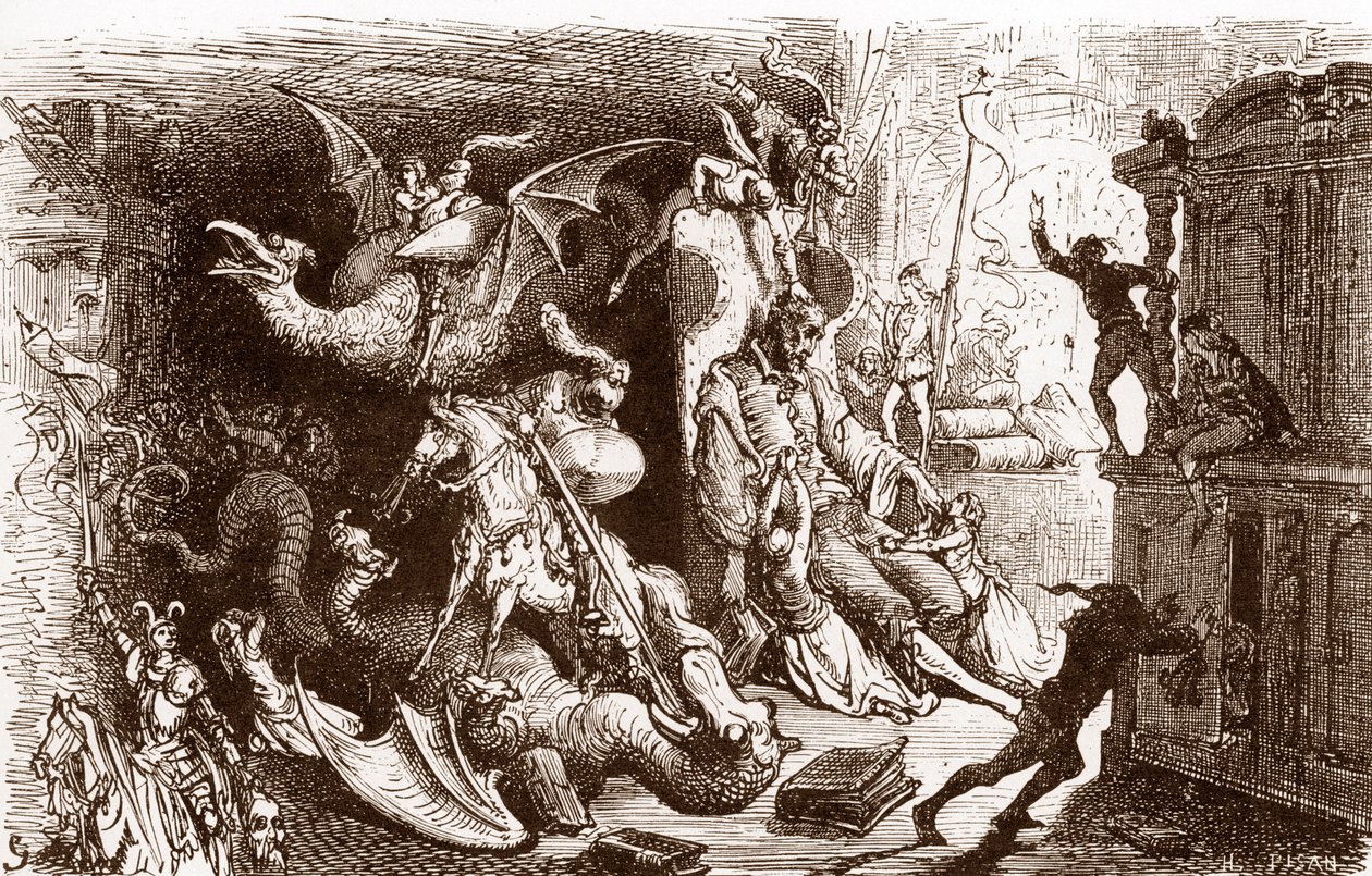 Don Quichot denkt aan niets anders dan ridderlijke daden Gravure door Gustave Dore voor 