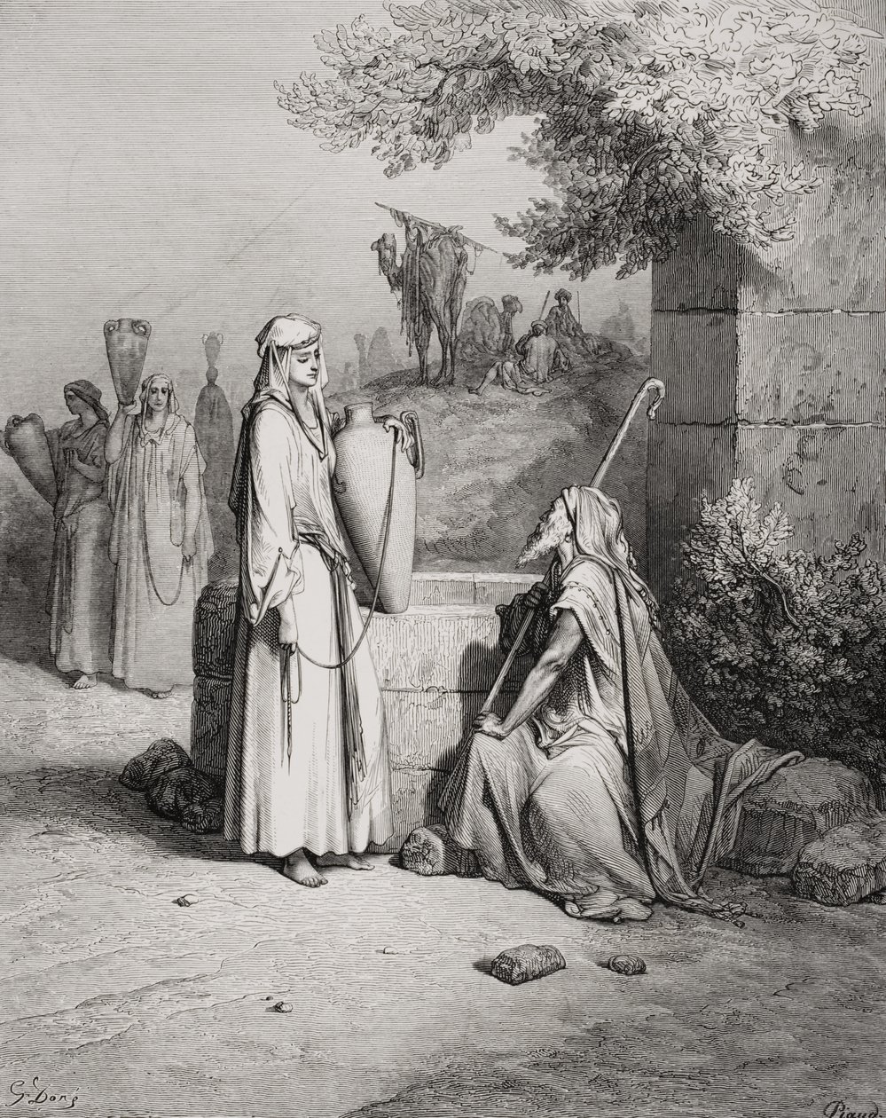 Eliezer en Rebekka, Genesis 24:15-21, illustratie uit Dore