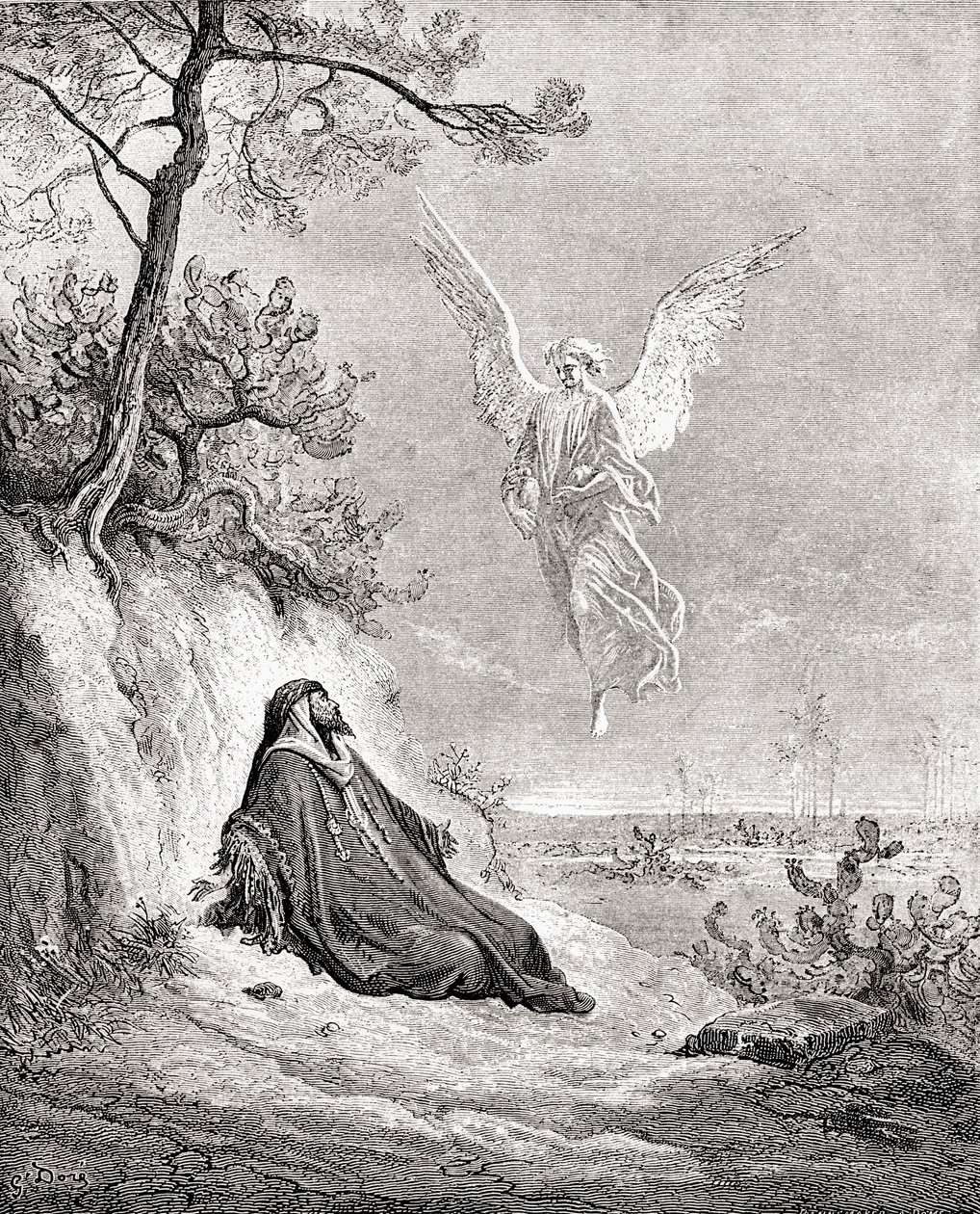 Elia gevoed door een engel. Naar een werk uit de Bijbel van Gustave Doré. Uit Leven en Herinneringen van Gustave Doré, gepubliceerd in 1885. door Gustave Dore