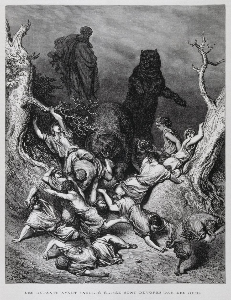 Elisa kijkt toe terwijl de kinderen door beren worden vernietigd, Illustratie uit de Dore Bijbel door Gustave Dore