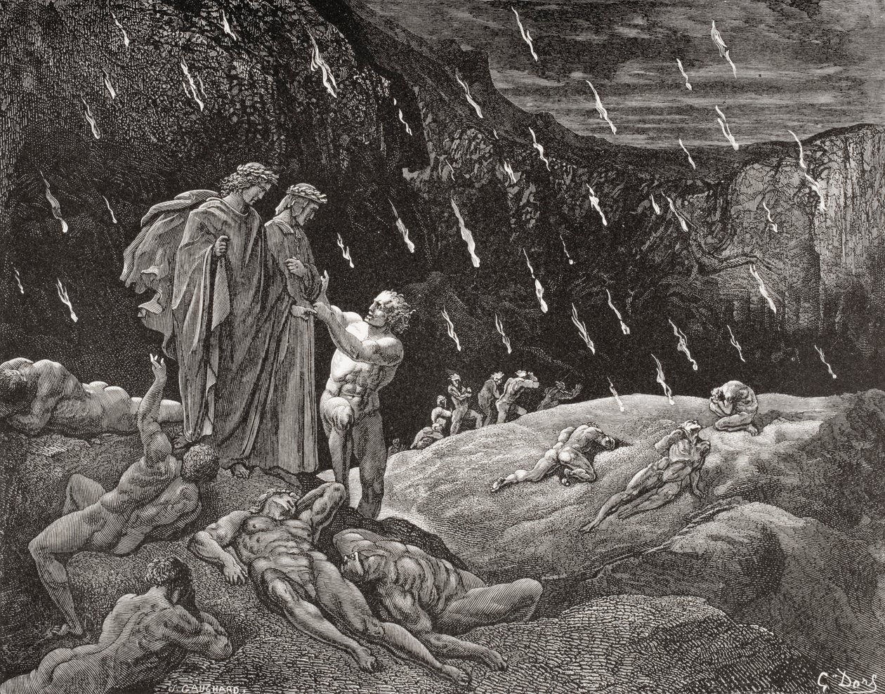 Gravure door Gustave Dore 1832-1883 Franse kunstenaar en illustrator voor Inferno door Dante Alighieri Canto XV regels 28 en 29 door Gustave Dore