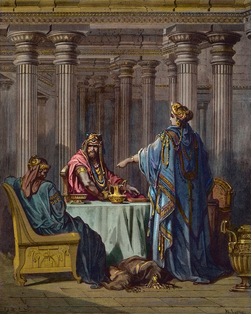 Esther beschuldigt Haman - Bijbelse scènes, Esther en Haman, houtsnede door Gustave Doré - later ingekleurd door Gustave Dore