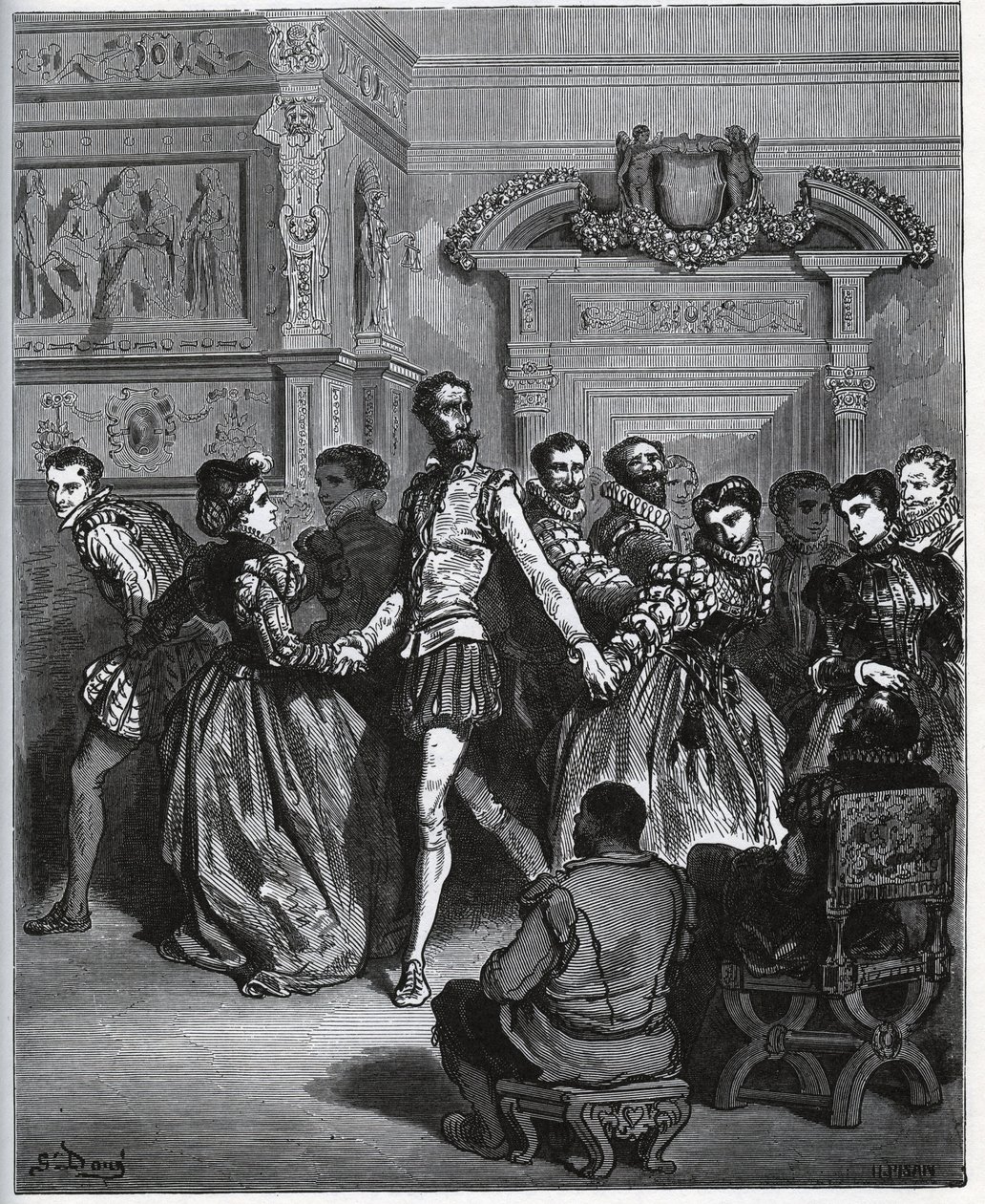 Avond georganiseerd na Don Antonio. Don Quichot ontdekt zonder de geneugten van dans te waarderen - uit "Don Quichot van La Mancha" van Miguel Cervantes door Gustave Dore