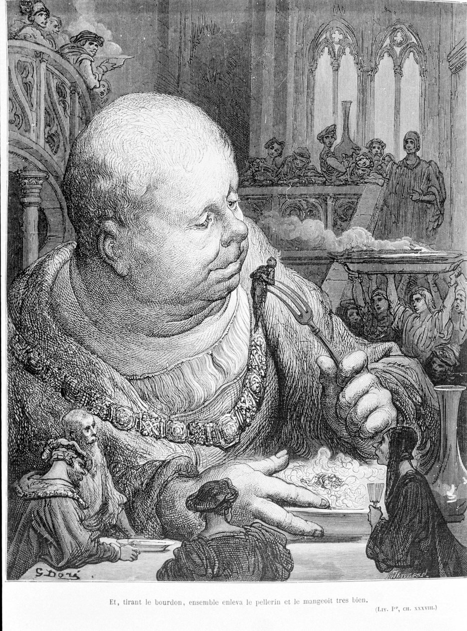 Uittreksel uit Gargantua (1534) door François Rabelais: En, de hommel trekkend, verwijderden ze samen de pelgrim en aten hem zeer goed op. Gravure door Gustave Doré door Gustave Dore