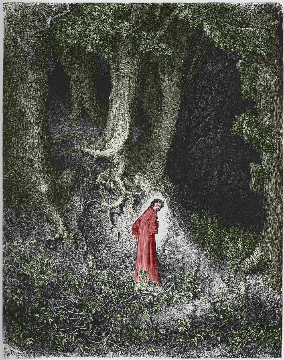 Eerste lied van de hel: de dichter Dante bevindt zich in een bos. Illustratie door Gustave Doré door Gustave Dore