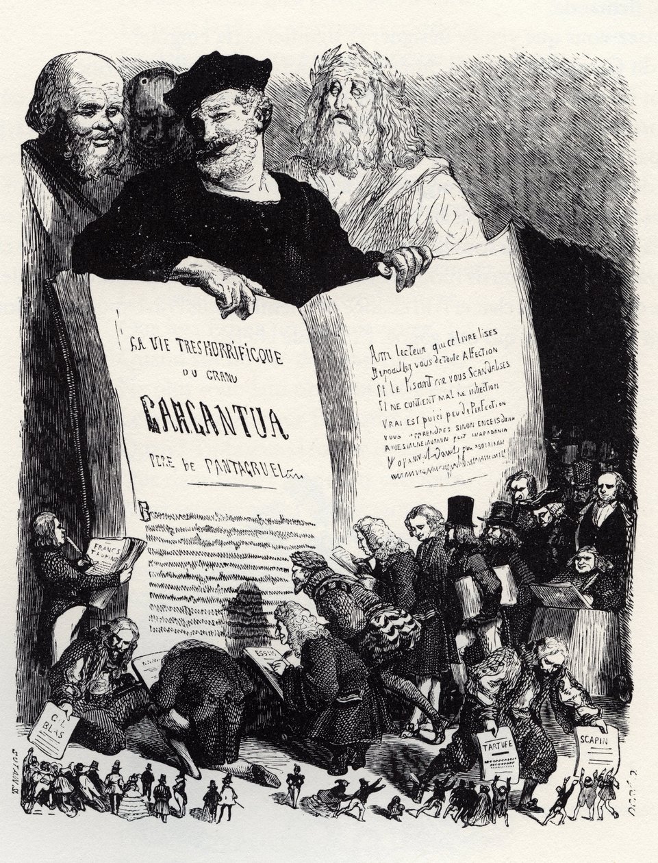 Frontispice van de editie van 1854 - In het gezelschap van oude en moderne schrijvers presenteert Rabelais zijn tweede roman - illustratie uit 