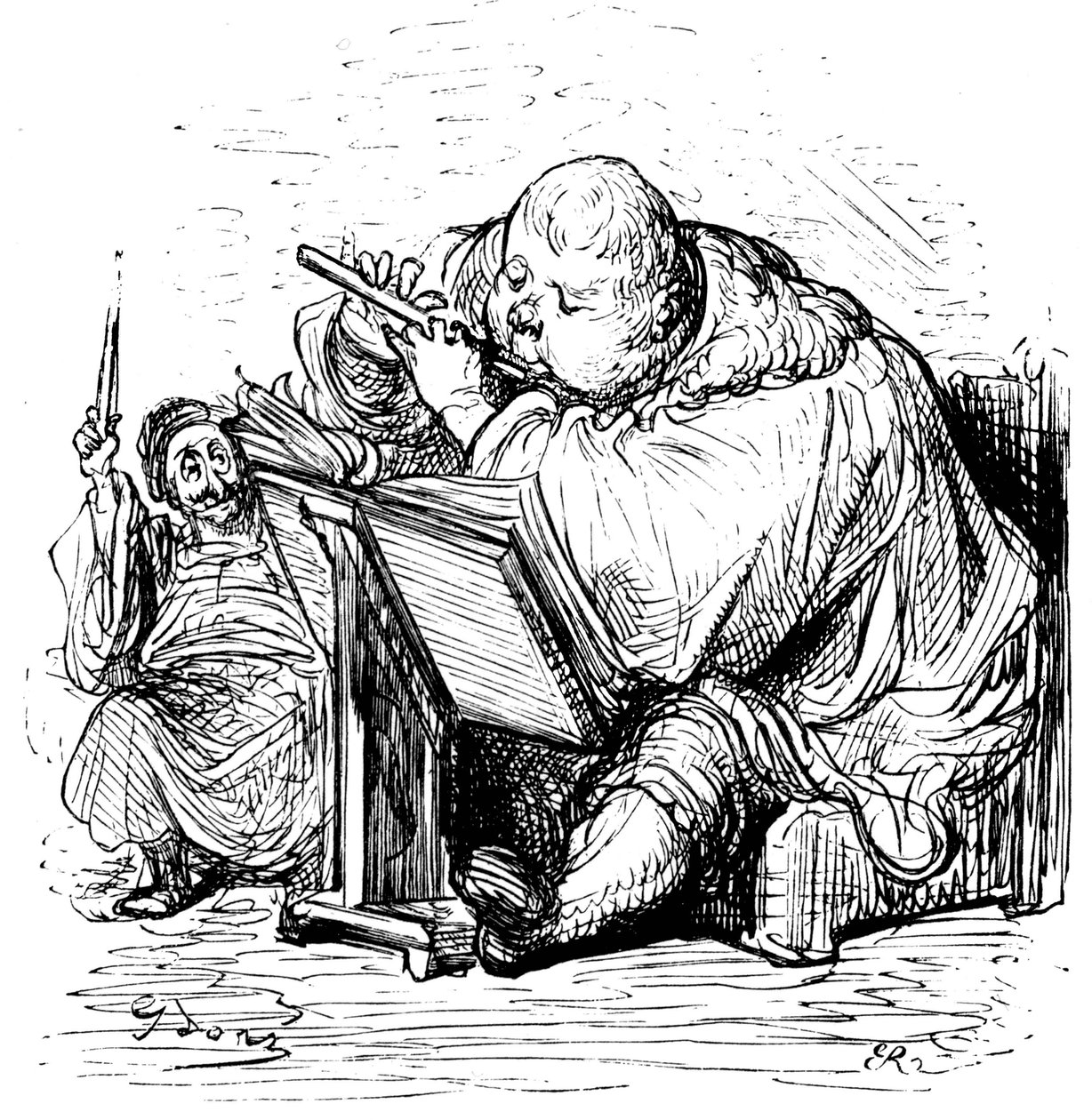 Gargantua opvoeding: de jonge heer leert fluit spelen met zijn muziekleraar. Gravure door Gustave Dore ter illustratie van het werk van Rabelais. door Gustave Dore
