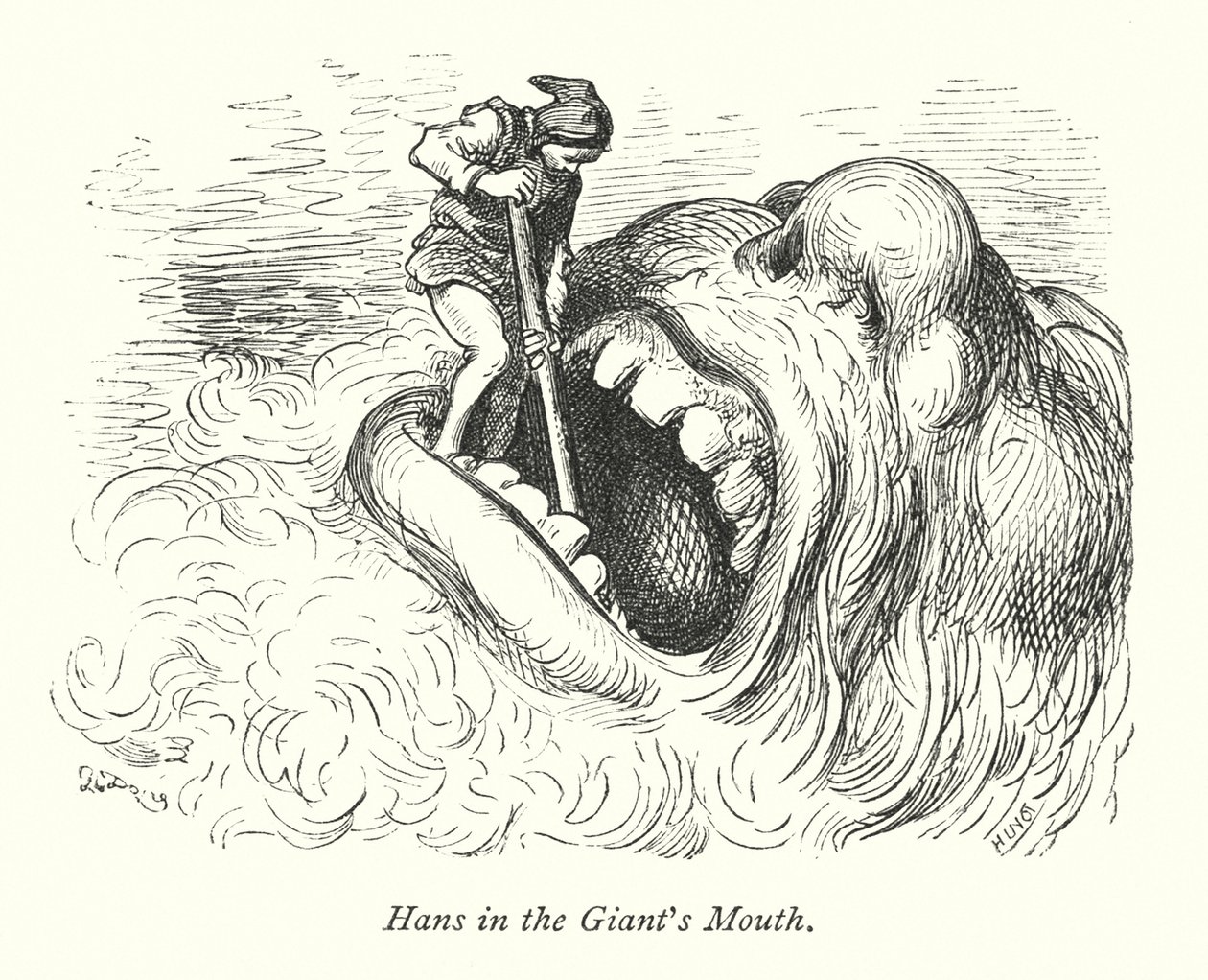 Hans in de mond van de reus (gravure) door Gustave Dore