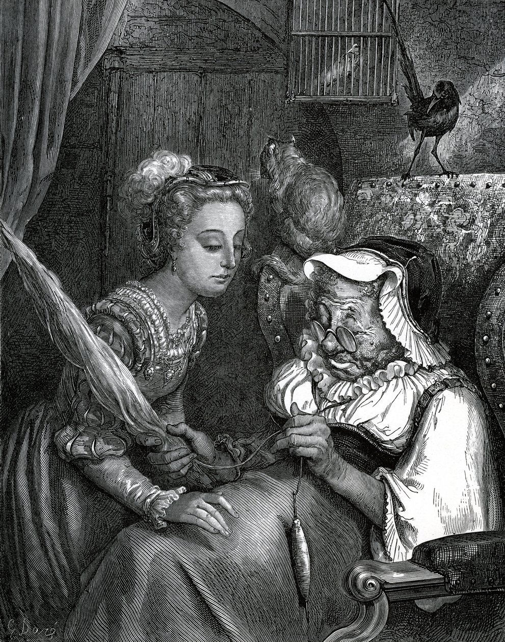 Illustratie door Gustave Doré voor een verhaal van Charles Perrault: Doornroosje. De prinses gaat zichzelf steken aan de distel van een oude vrouw die wegloopt in het spinnewiel. door Gustave Dore