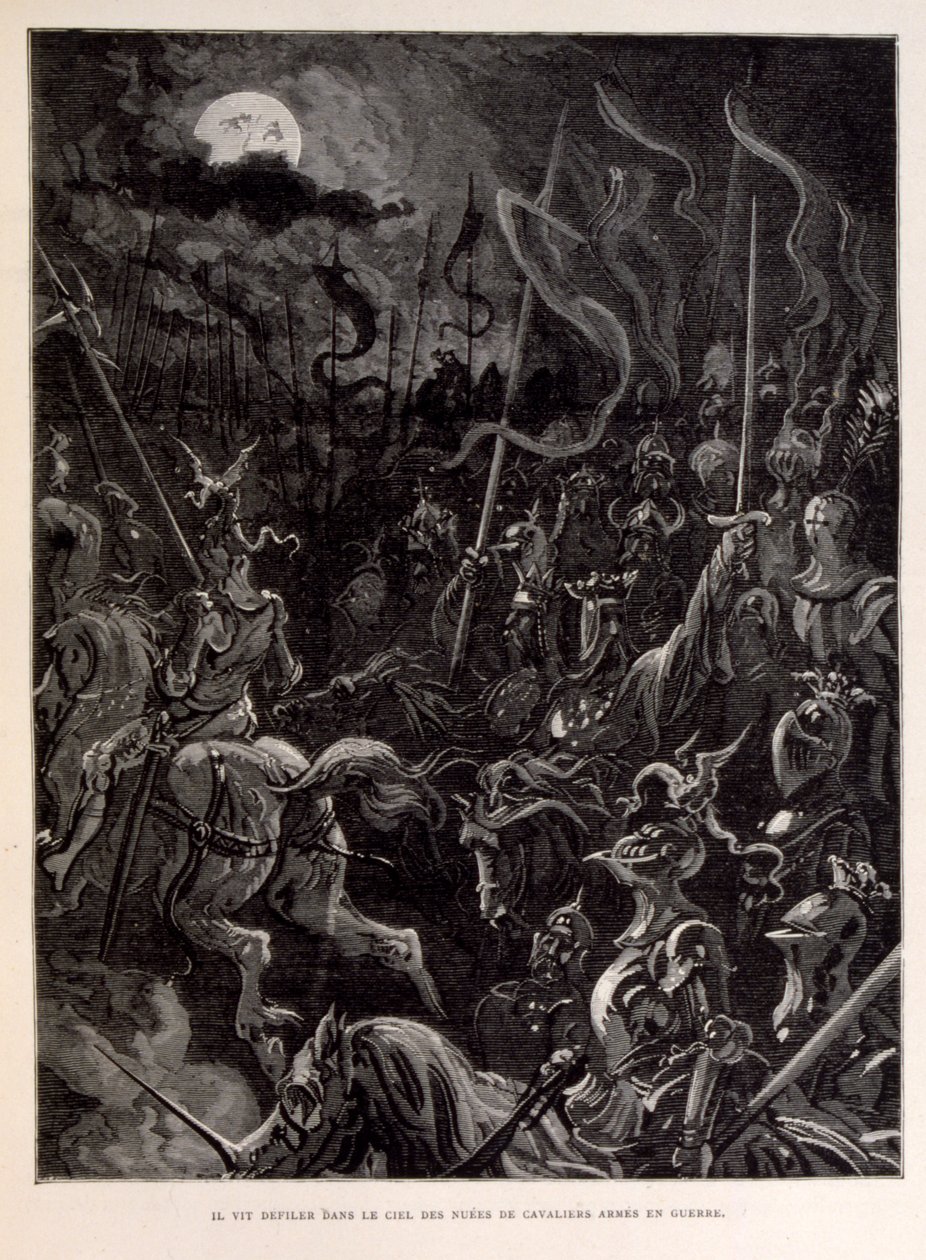 Illustratie van ridders in gevecht tijdens een maanverlichte avond door Gustave Dore
