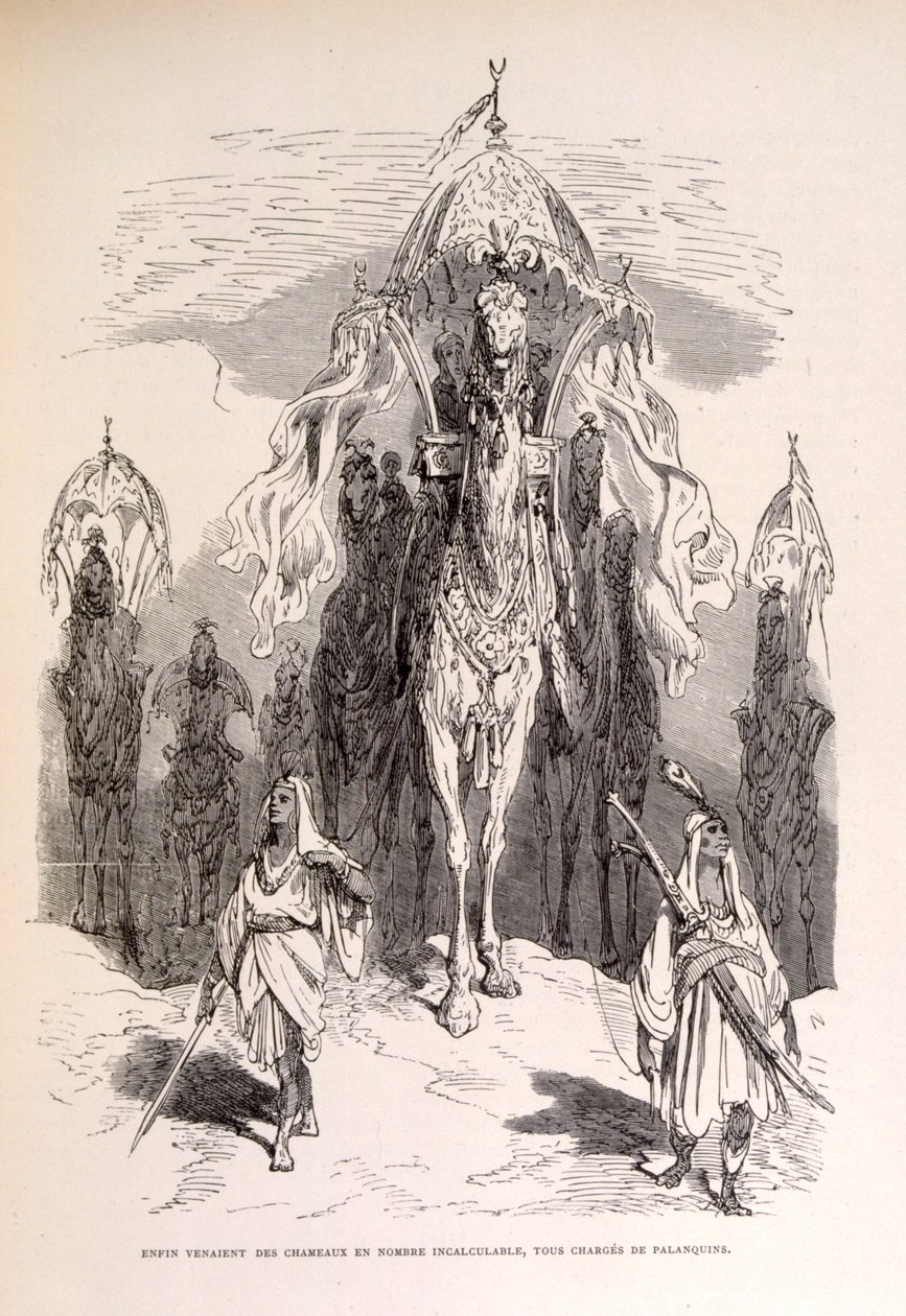 Illustratie van een oosterse kameelkaravaan met bedienden en wagen. door Gustave Dore
