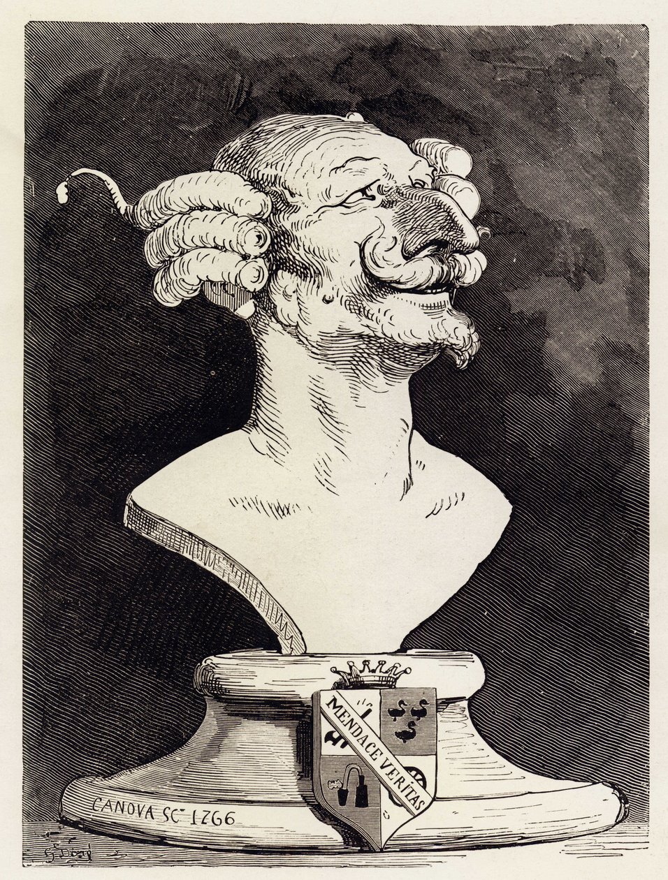 Denkbeeldige buste voorstellende de Baron van Munchausen (Munchhausen), teken "" Canova 1766"". Illustratie door Gustave Dore voor de eerste versie van de avonturen van de Duitse kolonel "" De avonturen van de baron van Munchausen (Munchhausen) "" van Rudo door Gustave Dore
