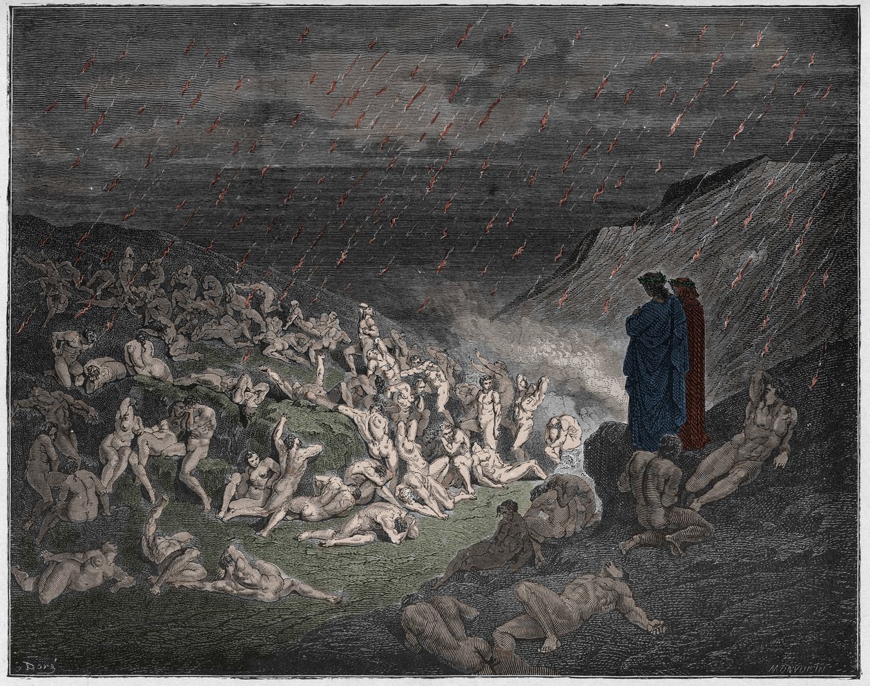 Inferno, Canto 14 : De geweldigen, gekweld in de regen van vuur, illustratie uit 