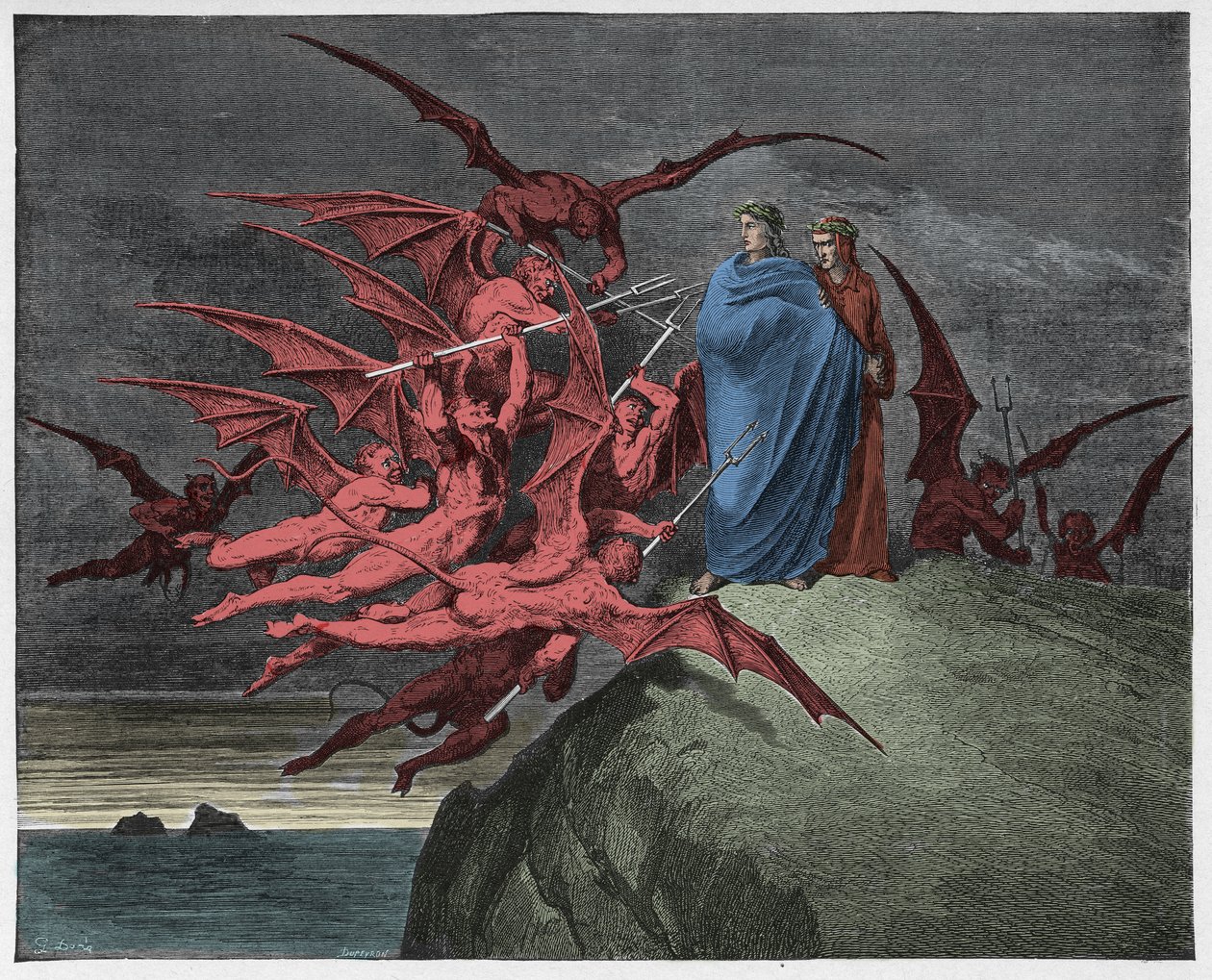 Inferno, Canto 21: De demonen bedreigen Virgil, illustratie uit "De Goddelijke Komedie" van Dante Alighieri, 1885 door Gustave Dore