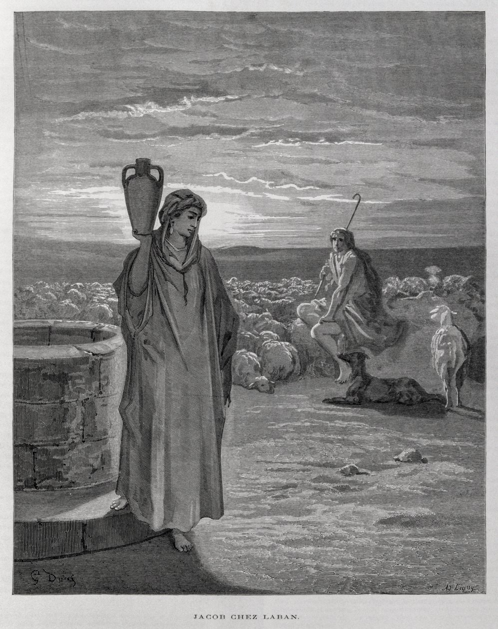 Jacob ziet Rachel bij de bron van Labans huis, Illustratie uit de Dore Bijbel door Gustave Dore