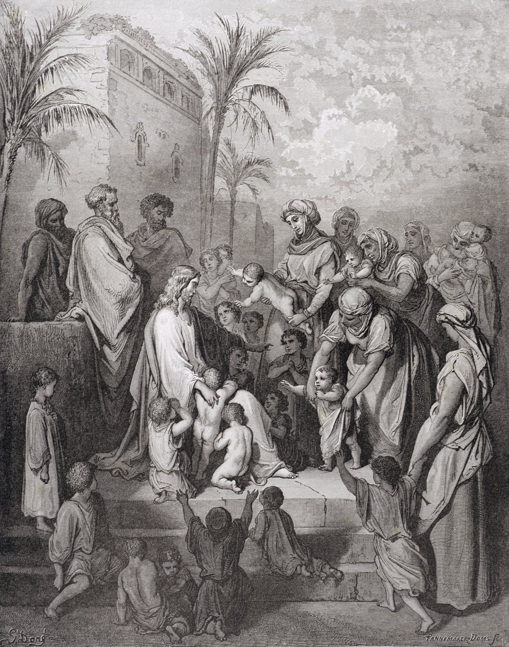 Jezus zegent de kinderen, gegraveerd door Stephane Pannemaker, ca. 1868 door Gustave Dore