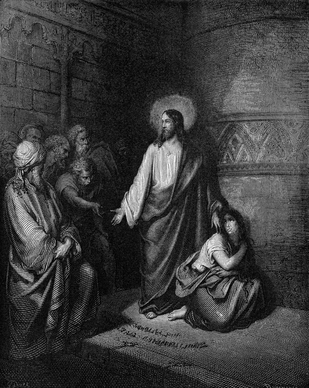 Jezus en de vrouw betrapt op overspel door Gustave Dore