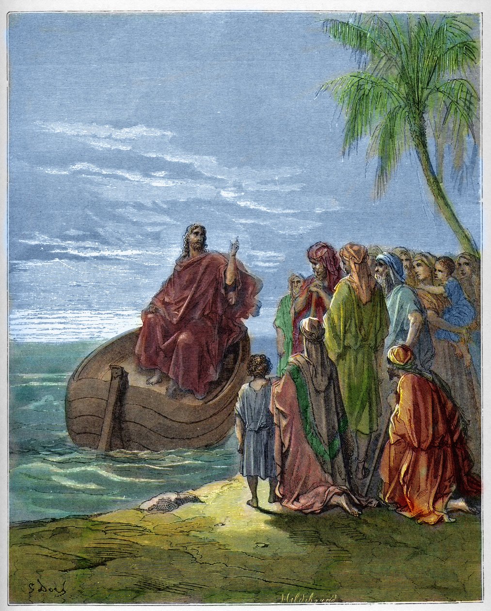 Jezus predikend aan het Meer van Galilea - gravure in 