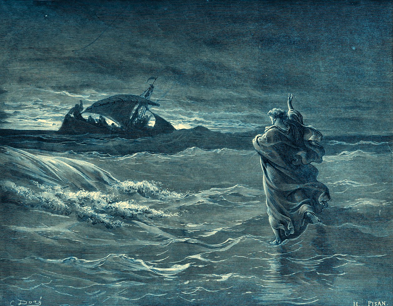 Jezus loopt op de zee - Bijbel door Gustave Dore