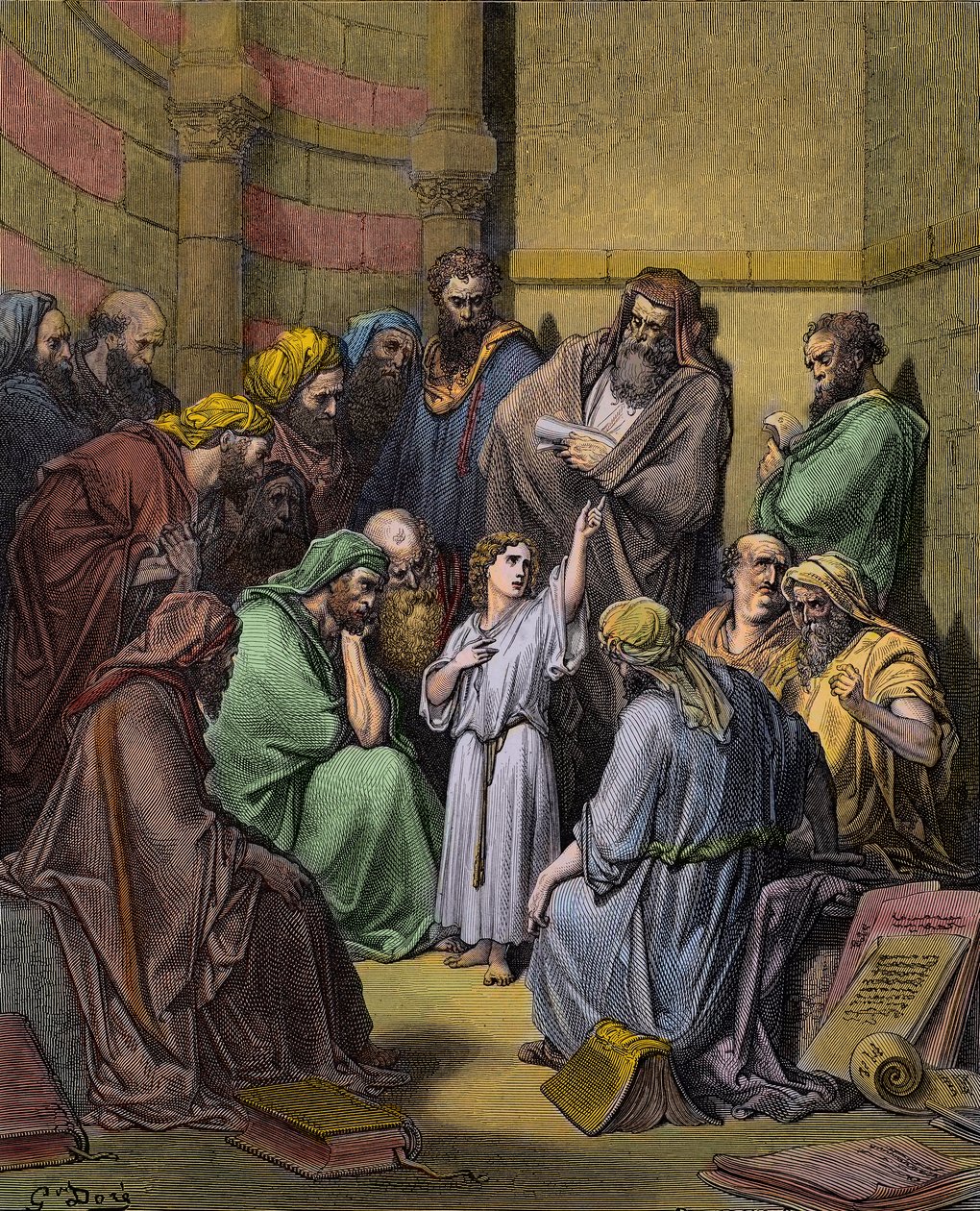 Jezus met de dokters in de tempel - Jezus in de tempel tussen de dokters - gravure door Gustave Doré (1832-1883) - later ingekleurd door Gustave Dore