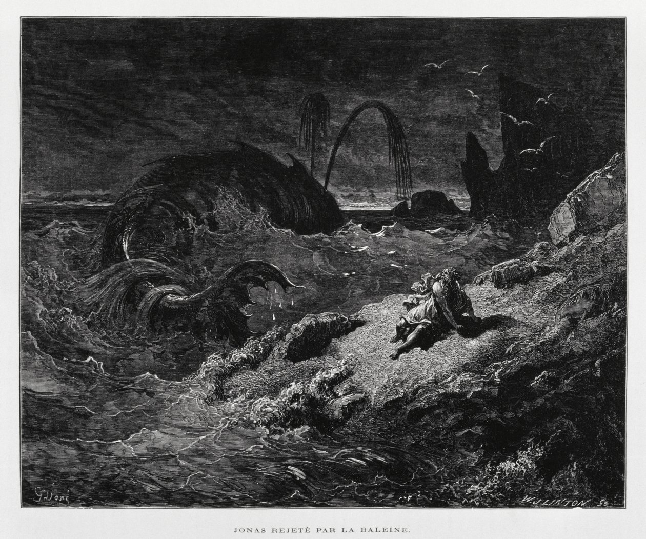 Jona op het droge geworpen door de walvis, Illustratie uit de Dore Bijbel door Gustave Dore