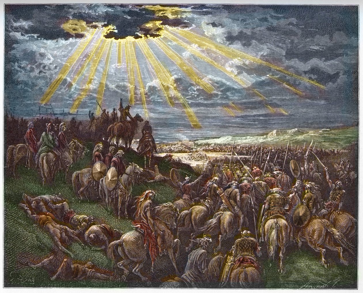 Jozua beveelt de zon stil te staan - Josue stopt de zon - gravure in 