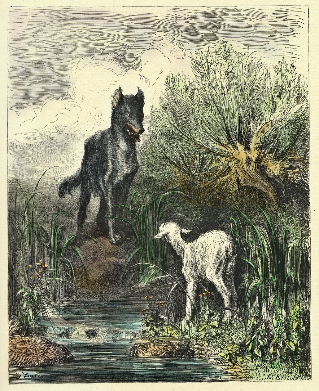 De wolf en het lam (gravure uit 1861-1868) door Gustave Dore