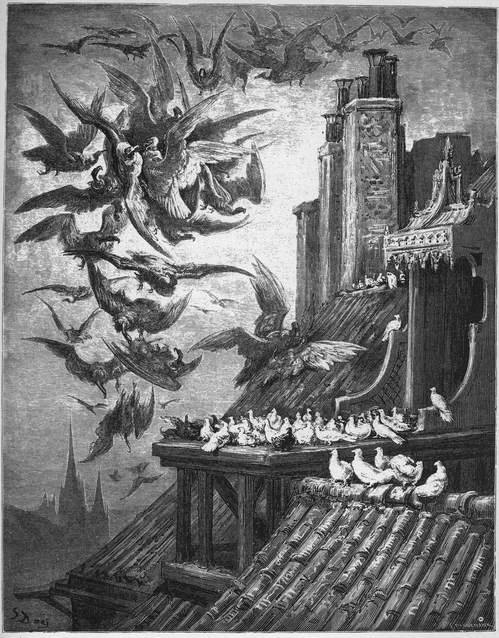 De gieren en de duiven - uit "Fabels" van Jean de La Fontaine door Gustave Dore