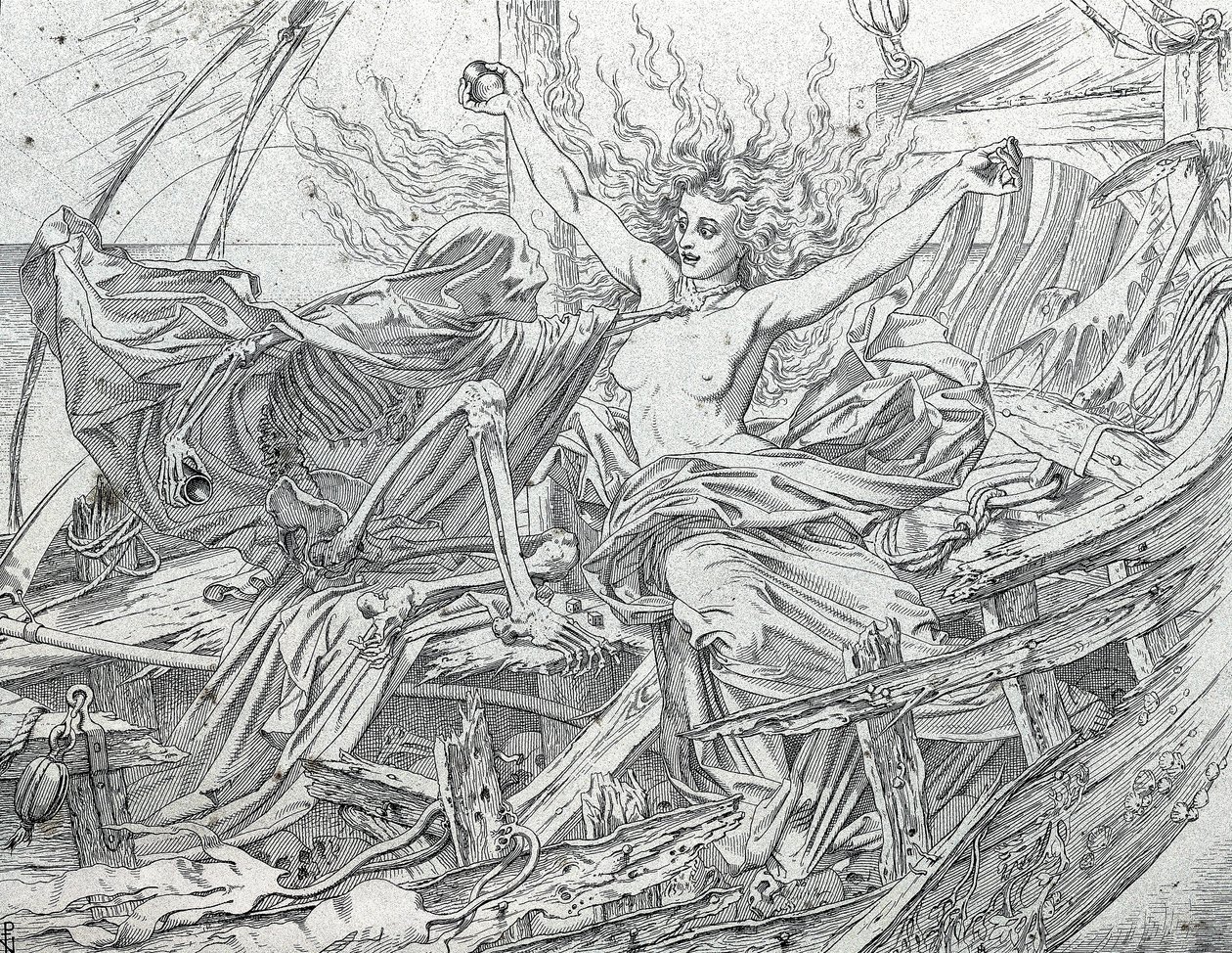 Leven en Dood loten het lot van de bemanning. door Gustave Dore