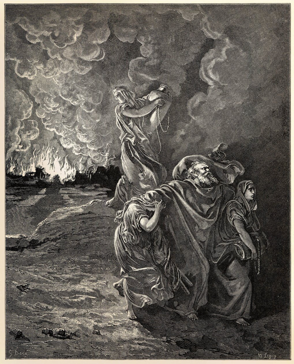 Lot en zijn dochters vluchten uit Sodom door Gustave Dore
