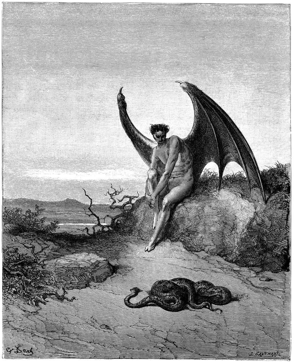 Lucifer (Satan, gevallen engel, viel uit de hemel op aarde) ontmoet de slang. Illustratie door Gustave Doré voor 