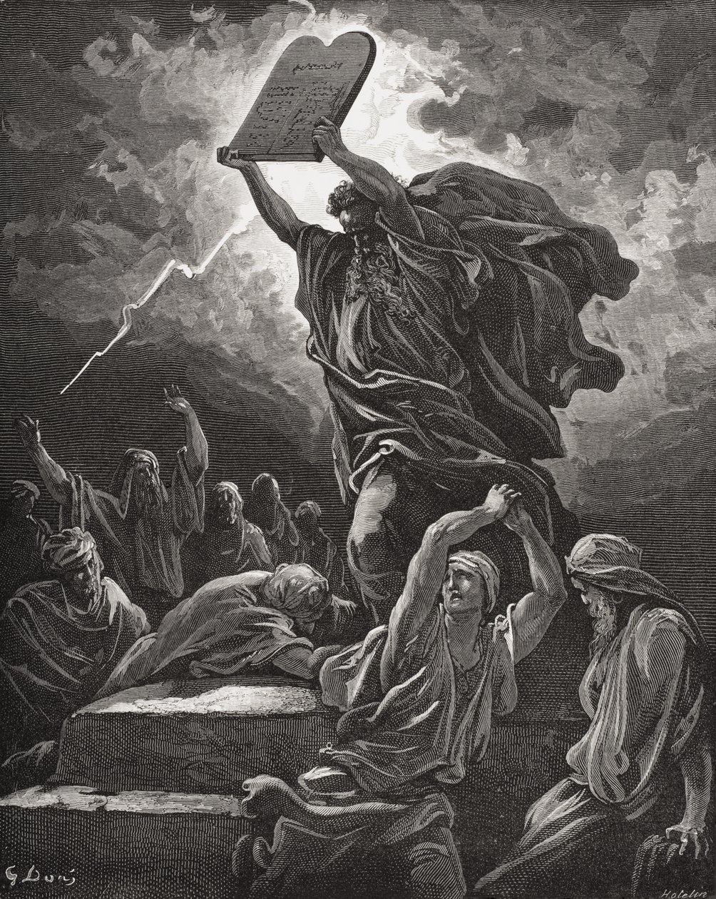 Mozes breekt de tafelen van de wet, Exodus 32:19, illustratie uit Dore