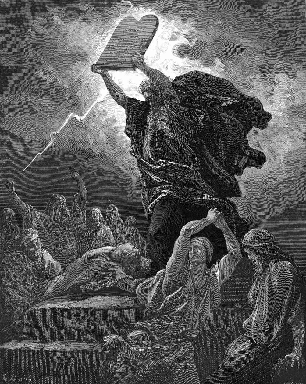 Mozes breekt de tafelen van de wet, gravure - Bijbel door Gustave Dore