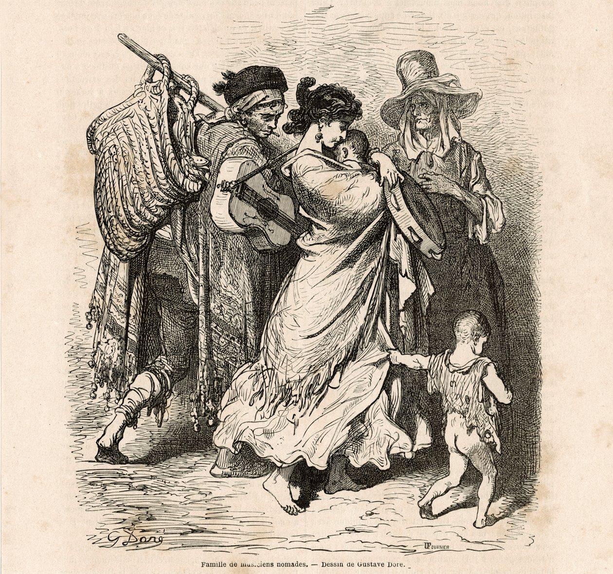 Nomadenfamilie van muzikanten door Gustave Dore