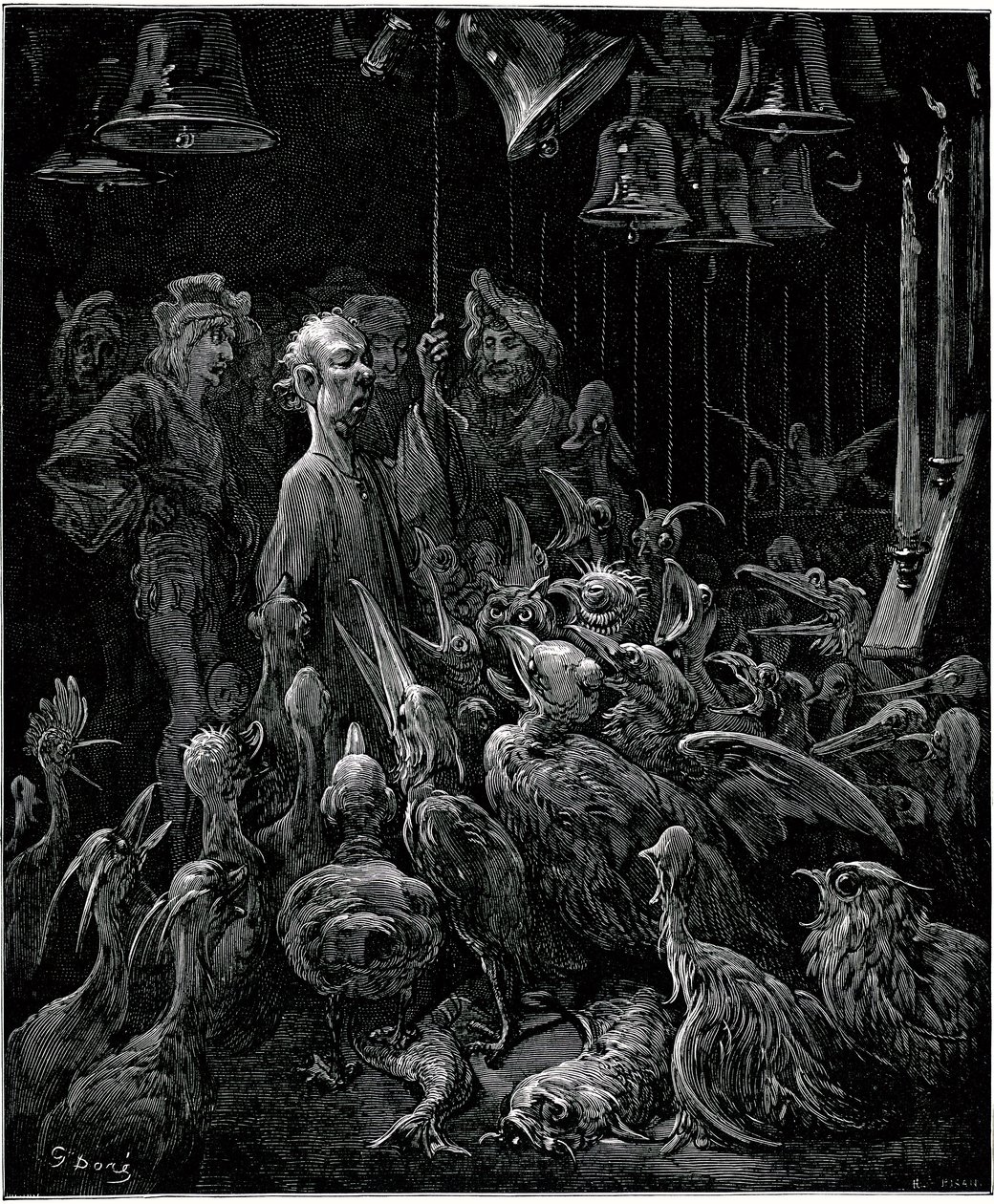 Op Sonnante Eiland laat Panurge vogels zingen door de klokken te luiden - illustratie door Gustave Dore voor de volledige werken van Francois Rabelais - Vijfde Boek - Pantagruel door Gustave Dore