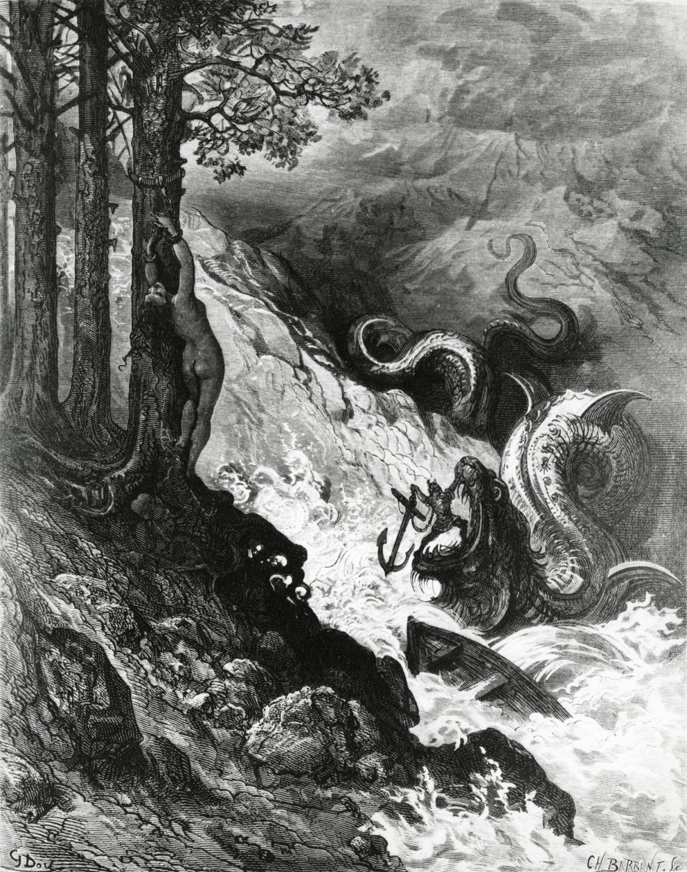 Orlando vecht tegen de ork, uit De Razernij van Orlando, illustratie door Gustave Dore