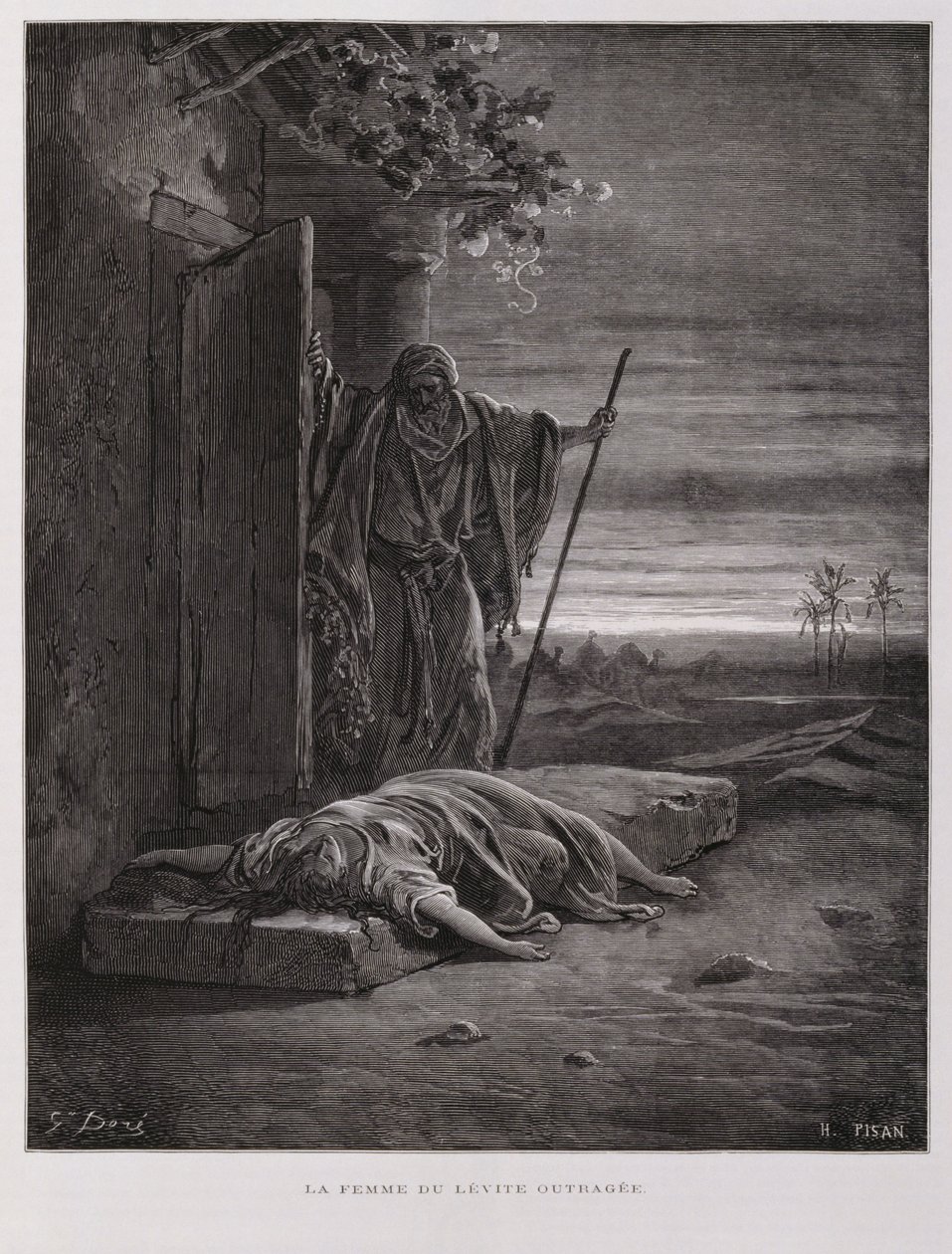 Verontwaardiging in Gibea, de Leviet draagt zijn dode bijvrouw weg, Illustratie uit de Dore Bijbel door Gustave Dore