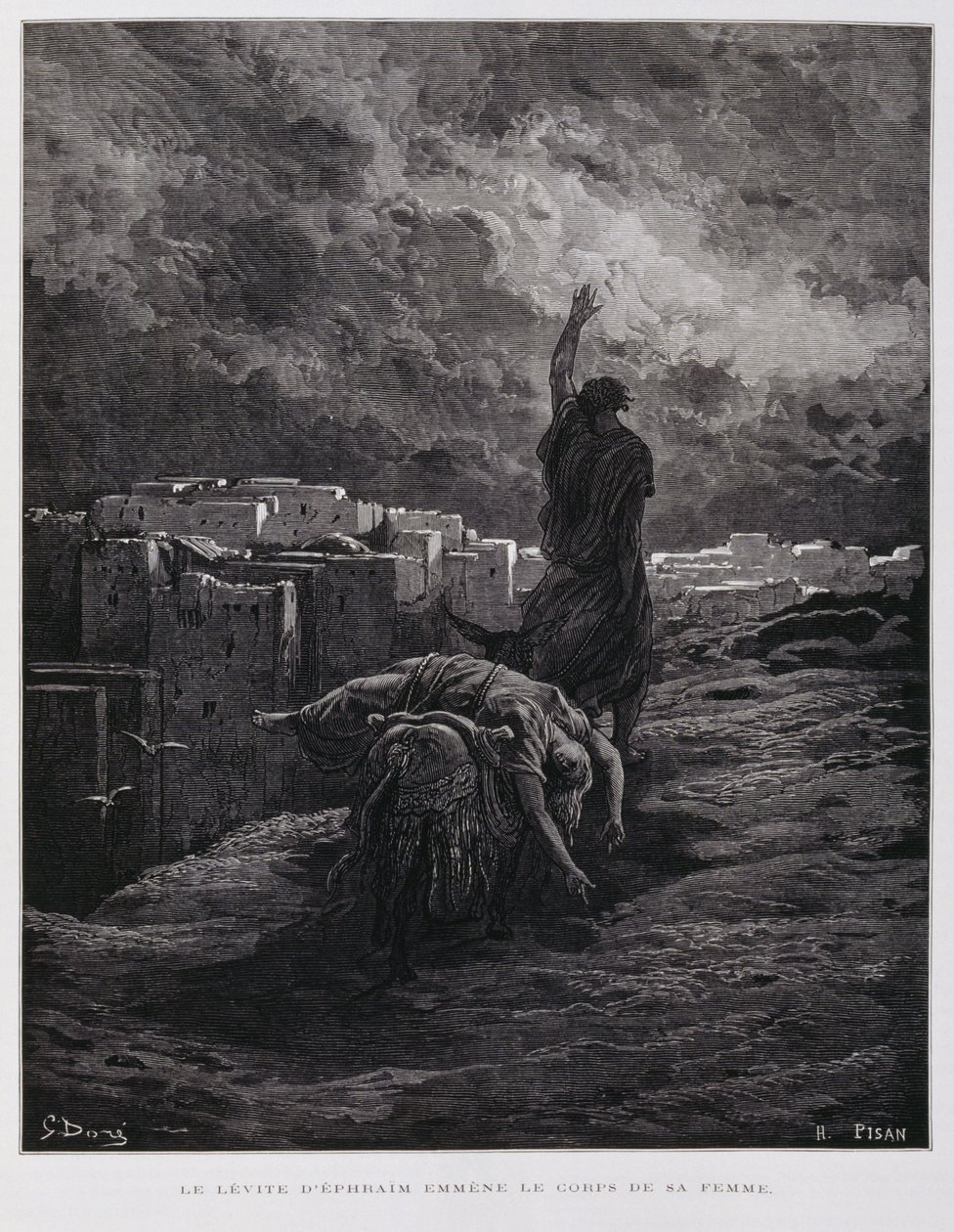 Verontwaardiging in Gibea, de Leviet draagt zijn dode bijvrouw weg, Illustratie uit de Dore Bijbel door Gustave Dore