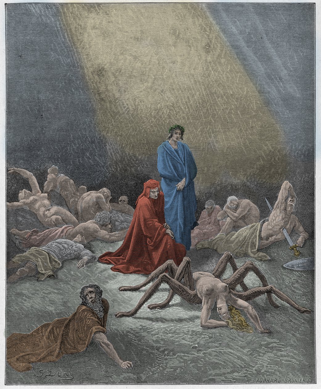 Purgatorio, Canto 12: Dante ziet de ziel van Arachne, illustratie uit "De Goddelijke Komedie" door Dante Alighieri, 1885 door Gustave Dore