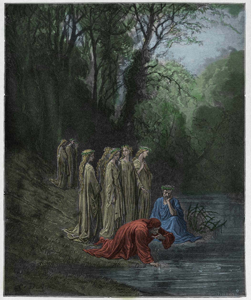 Purgatorio, Canto 33: Dante drinkt van de rivier Eunoe, illustratie uit "De Goddelijke Komedie" door Dante Alighieri, 1885 door Gustave Dore