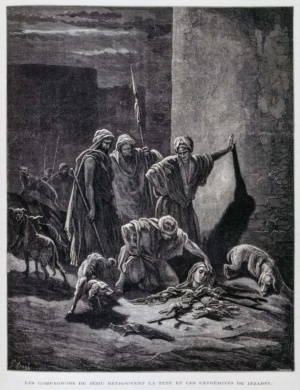 Overblijfselen van koningin Izebel nadat ze uit de paleisramen werd gegooid, Illustratie uit de Dore Bijbel door Gustave Dore