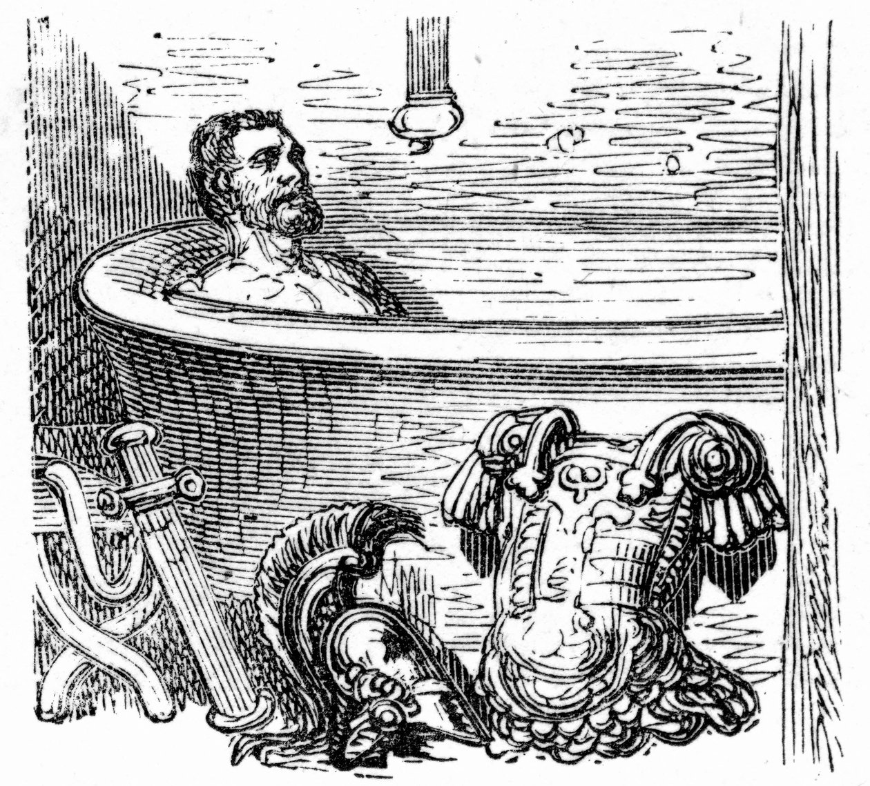 Romeinse soldaat badend in de thermale baden van Bagnères-de-Bigorre: gravure door Gustave Doré ter illustratie van het boek 
